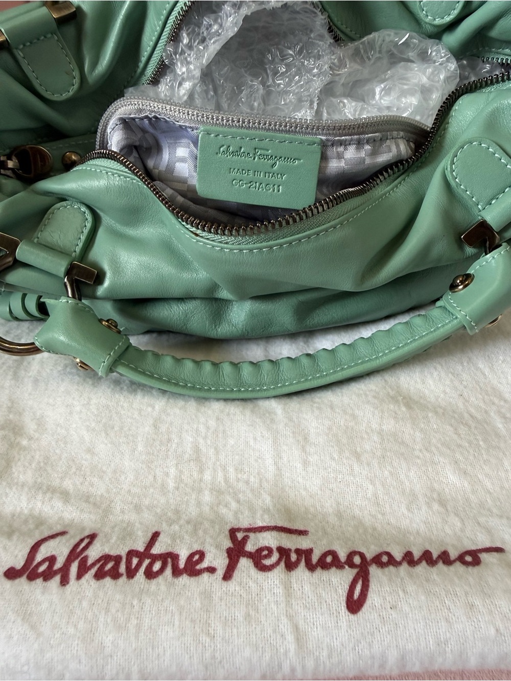 💯Auth! Salvatore Ferragamo Sofia Green Woven Leather Top-Handle Bag Gunmetal HW - Picture 13 of 14